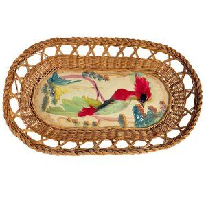 Mexican Tropical Bird Wicker Tray Folk Art Decorative Artisan Hand Painted VTG